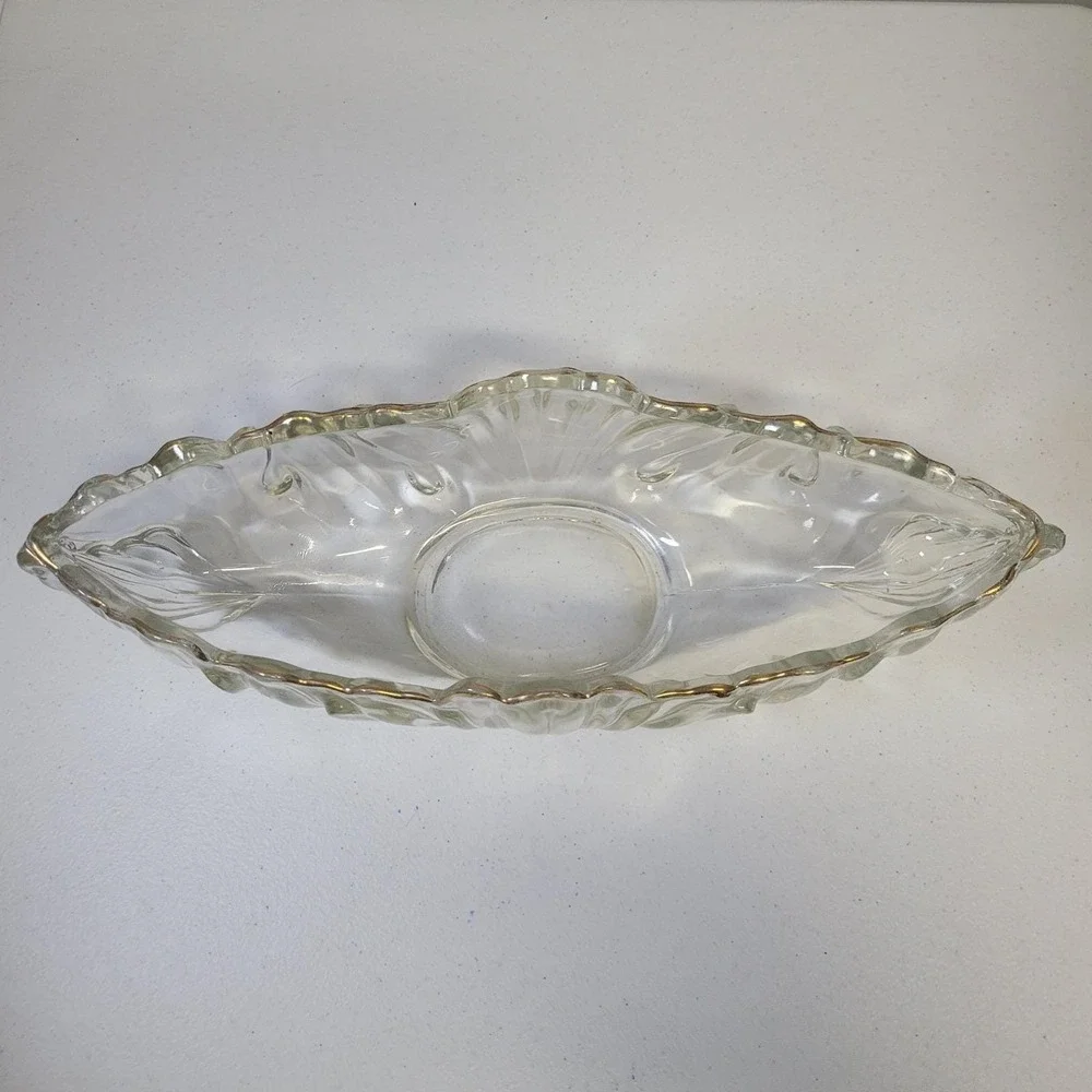 Vintage Indiana Glass Tiara Gold Trim Scalloped‎ Edge Oval Console Bowl Clear